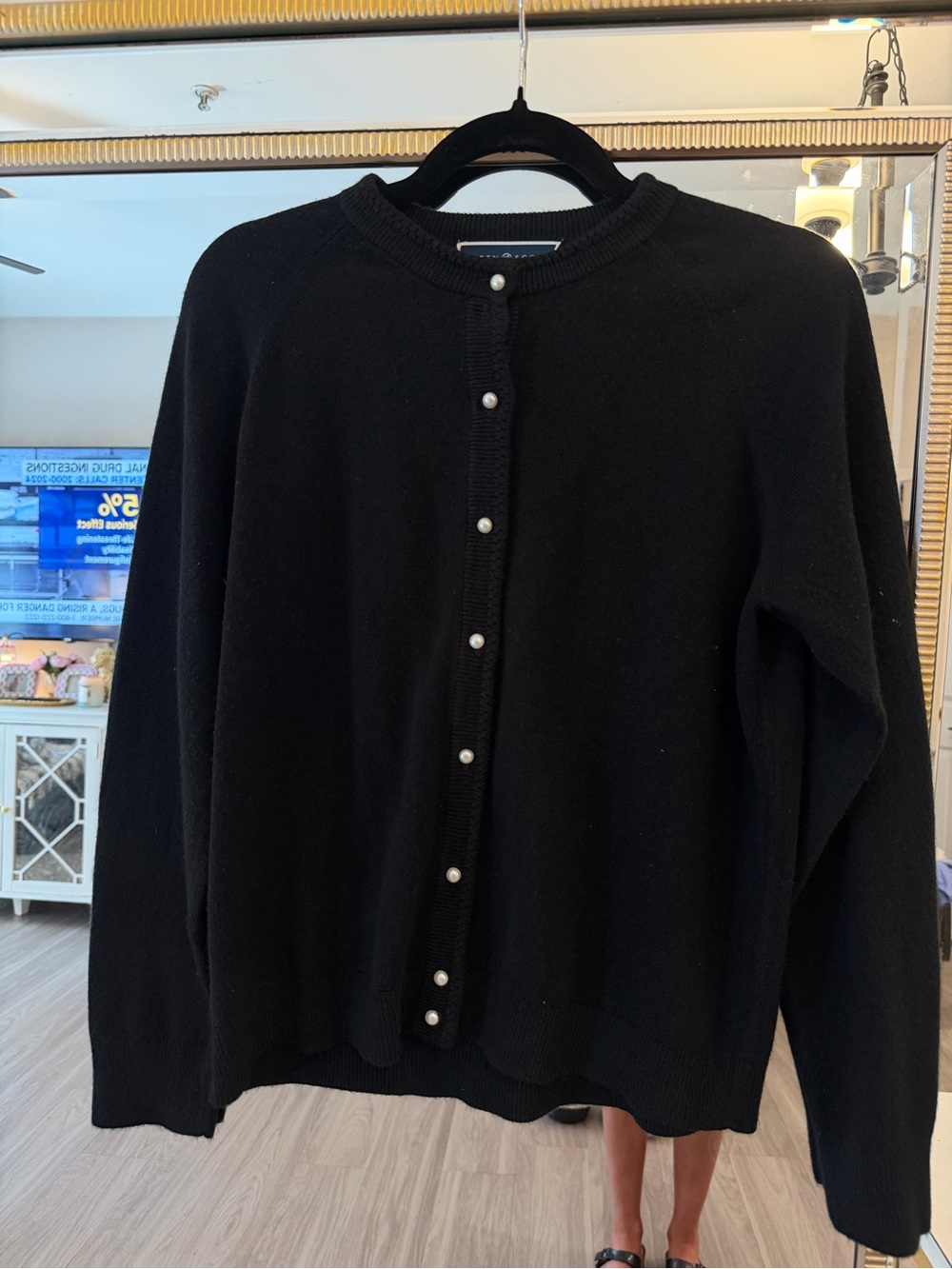 Karen Scott Black Crewneck Cardigan with Pearl Buttons